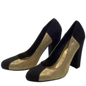 MICHAEL ANTONIO Color Block Gold Black Chunky Block Heels 7 Pumps Retro 80s 90s